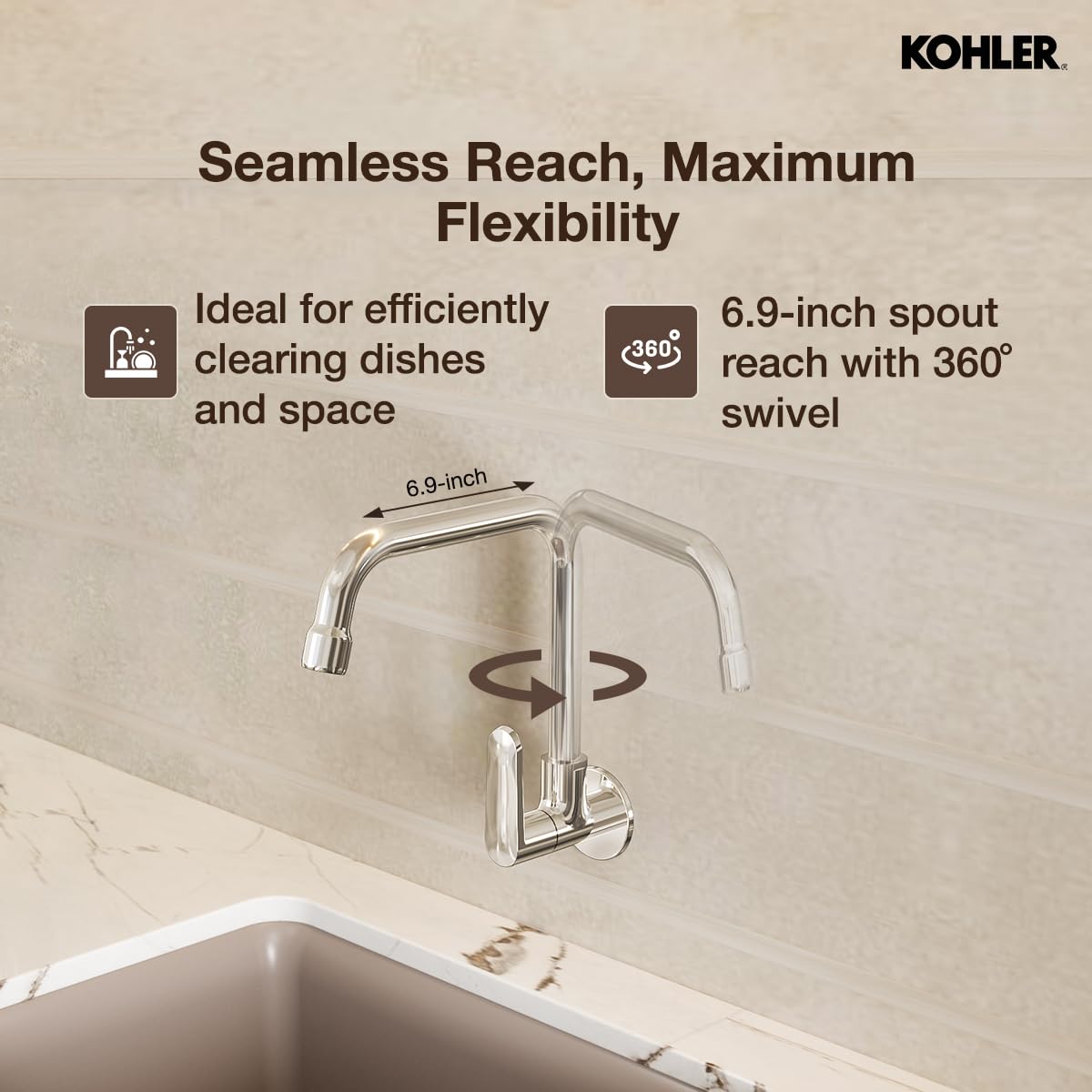 🚿 BUY 1 GET 1 FREE 🎁 | Kohler Beam Kitchen Faucet – Wall Mounted Kitchen Sink Tap with 360° Swivel Spout, Single Lever Control & Polished Chrome Finish | Buy 1 Get 1 Free Offer