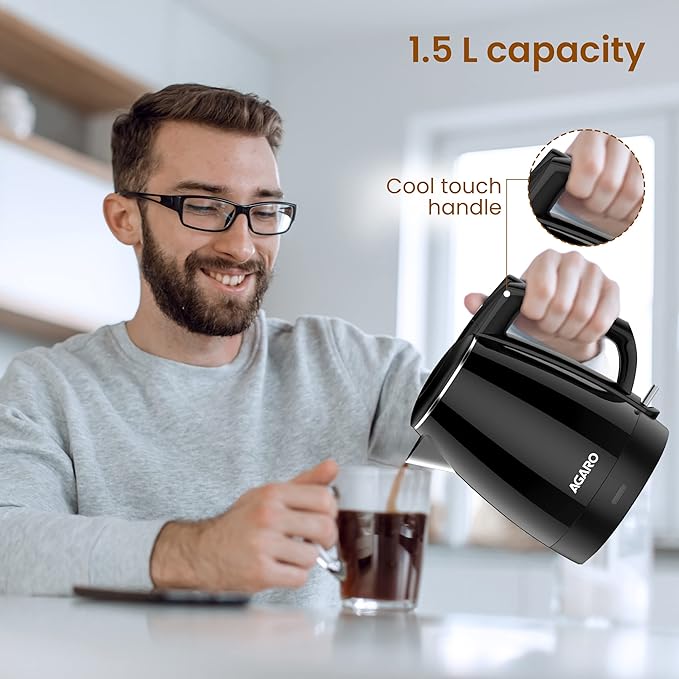 AGARO Royal Double Layered Electric Kettle 1.5L | 1500W Fast Boiling | Stainless Steel Inner Body | Cool Touch Handle | Dry Boil Protection | Black