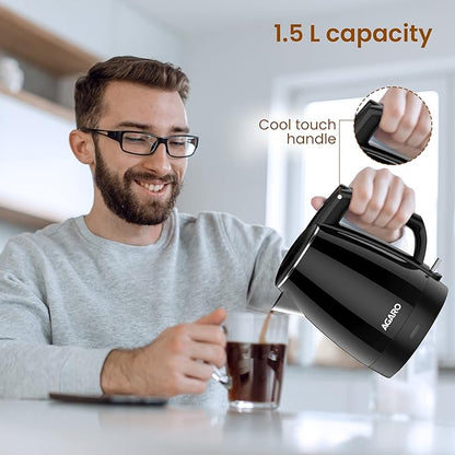 AGARO Royal Double Layered Electric Kettle 1.5L | 1500W Fast Boiling | Stainless Steel Inner Body | Cool Touch Handle | Dry Boil Protection | Black
