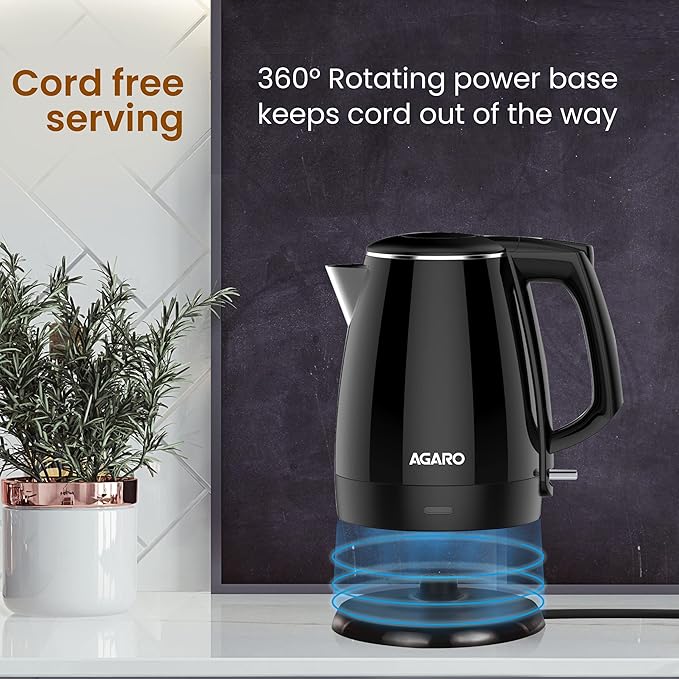 AGARO Royal Double Layered Electric Kettle 1.5L | 1500W Fast Boiling | Stainless Steel Inner Body | Cool Touch Handle | Dry Boil Protection | Black