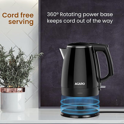 AGARO Royal Double Layered Electric Kettle 1.5L | 1500W Fast Boiling | Stainless Steel Inner Body | Cool Touch Handle | Dry Boil Protection | Black