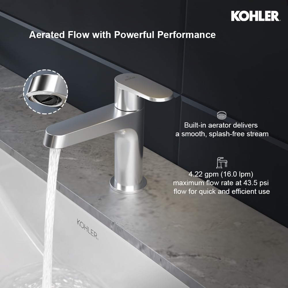KOHLER Beam Pillar Wash Basin Tap for Bathroom Sink | Premium Chrome Finish Brass Faucet with Smooth Single Lever | Luxury Bathroom Basin Mixer Tap 26042IN-4-CP