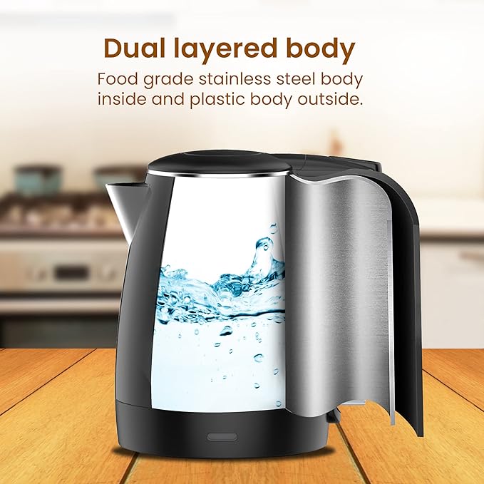 AGARO Royal Double Layered Electric Kettle 1.5L | 1500W Fast Boiling | Stainless Steel Inner Body | Cool Touch Handle | Dry Boil Protection | Black