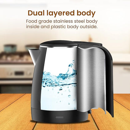 AGARO Royal Double Layered Electric Kettle 1.5L | 1500W Fast Boiling | Stainless Steel Inner Body | Cool Touch Handle | Dry Boil Protection | Black