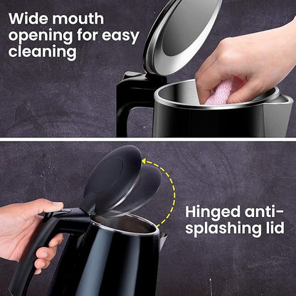 AGARO Royal Double Layered Electric Kettle 1.5L | 1500W Fast Boiling | Stainless Steel Inner Body | Cool Touch Handle | Dry Boil Protection | Black