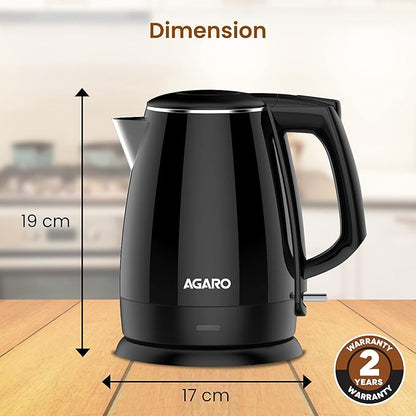 AGARO Royal Double Layered Electric Kettle 1.5L | 1500W Fast Boiling | Stainless Steel Inner Body | Cool Touch Handle | Dry Boil Protection | Black