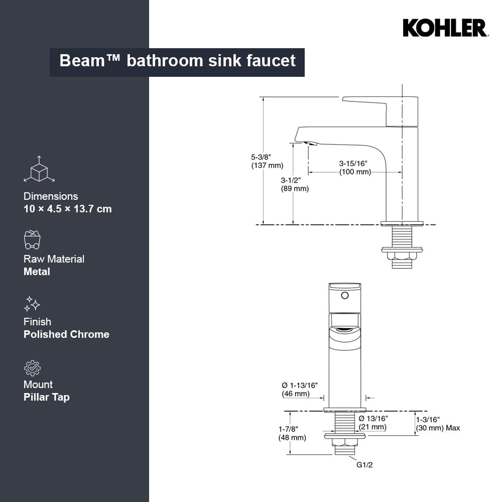 KOHLER Beam Pillar Wash Basin Tap for Bathroom Sink | Premium Chrome Finish Brass Faucet with Smooth Single Lever | Luxury Bathroom Basin Mixer Tap 26042IN-4-CP