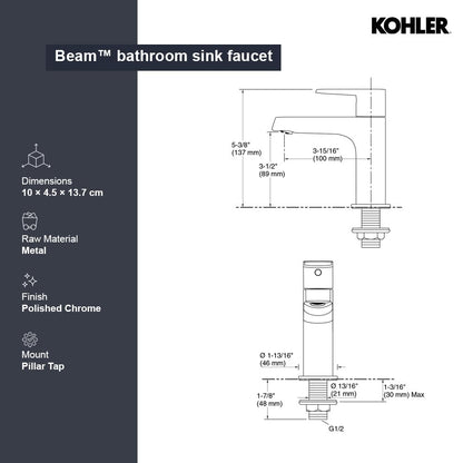 KOHLER Beam Pillar Wash Basin Tap for Bathroom Sink | Premium Chrome Finish Brass Faucet with Smooth Single Lever | Luxury Bathroom Basin Mixer Tap 26042IN-4-CP