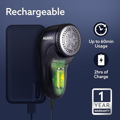 AGARO Rechargeable Lint Remover 2417 | Electric Fabric Shaver with Stainless Steel Blades | Portable Fuzz & Bobble Remover for Sweaters, Coats, Blankets, Jackets & Carpets