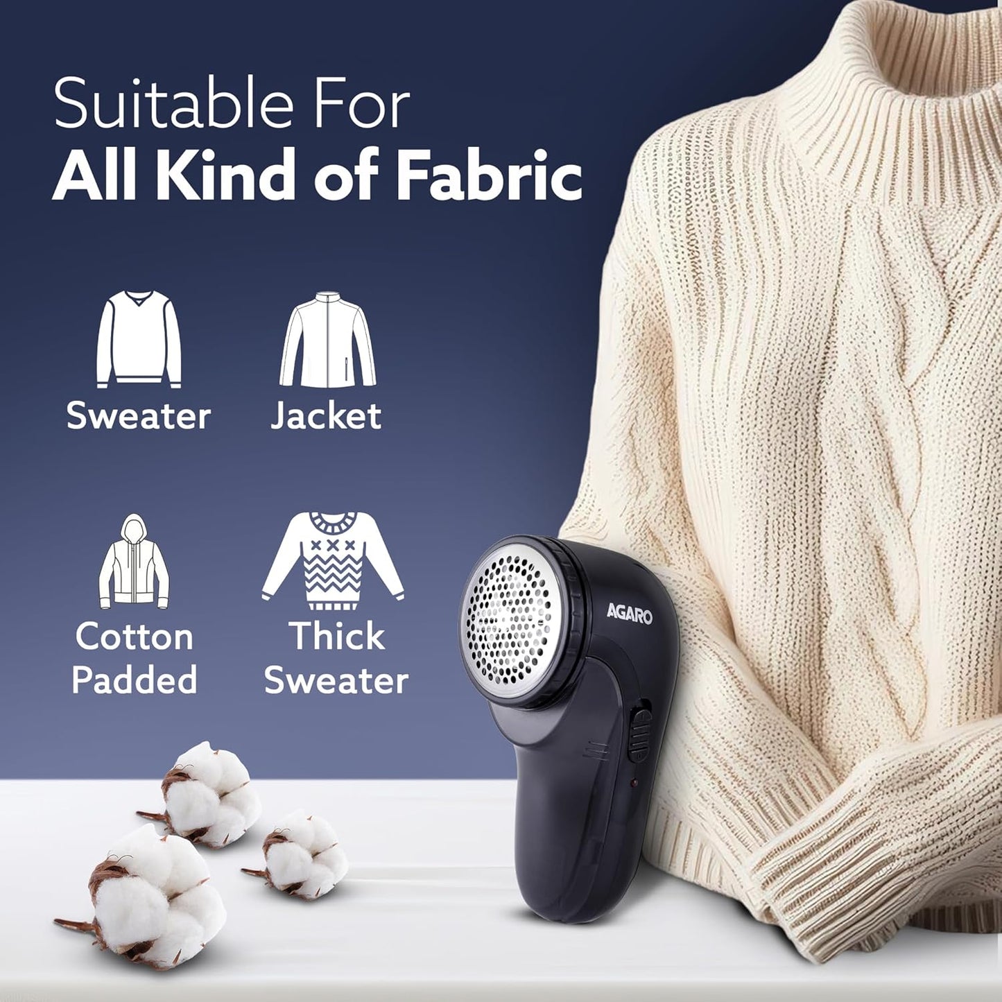 AGARO Rechargeable Lint Remover 2417 | Electric Fabric Shaver with Stainless Steel Blades | Portable Fuzz & Bobble Remover for Sweaters, Coats, Blankets, Jackets & Carpets