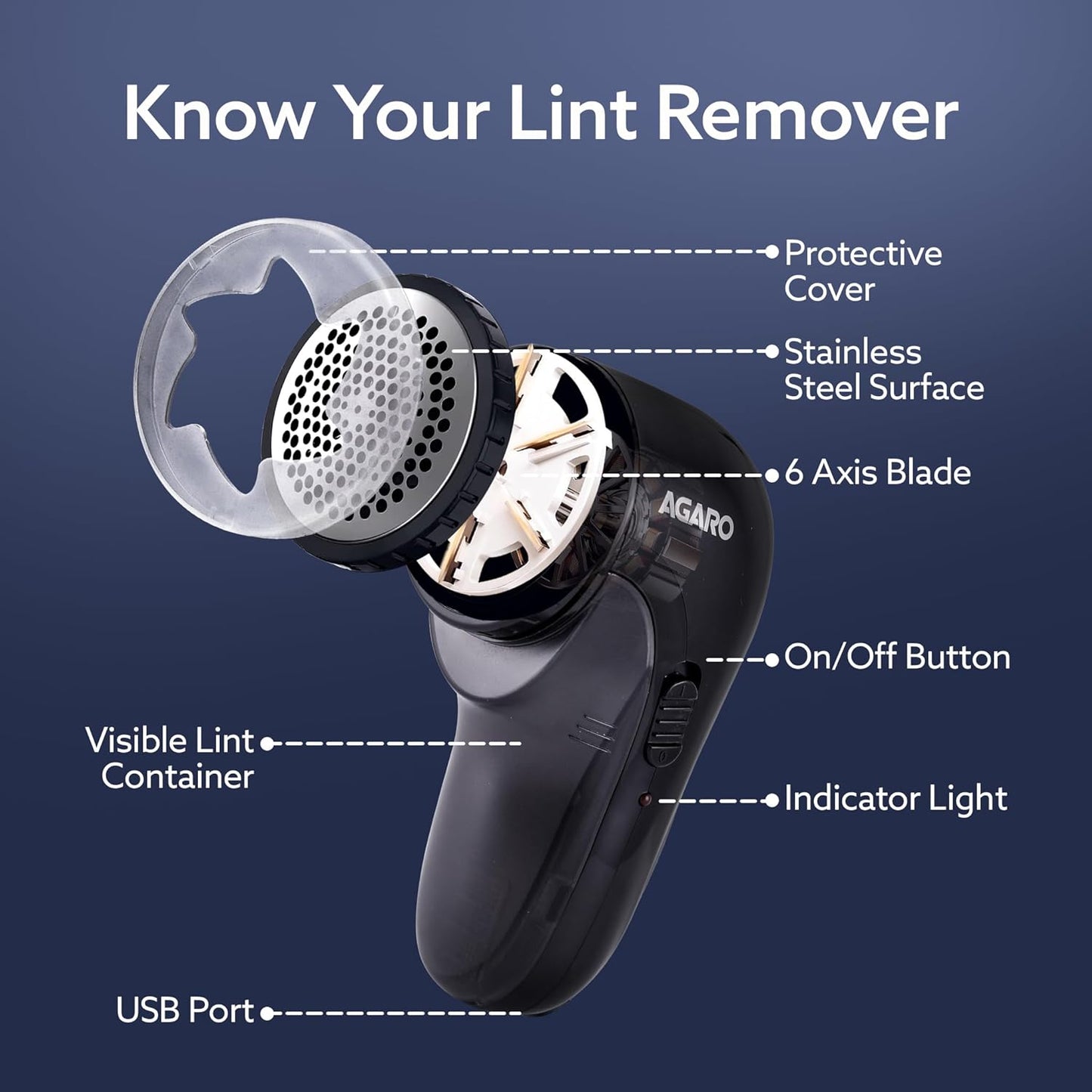 AGARO Rechargeable Lint Remover 2417 | Electric Fabric Shaver with Stainless Steel Blades | Portable Fuzz & Bobble Remover for Sweaters, Coats, Blankets, Jackets & Carpets