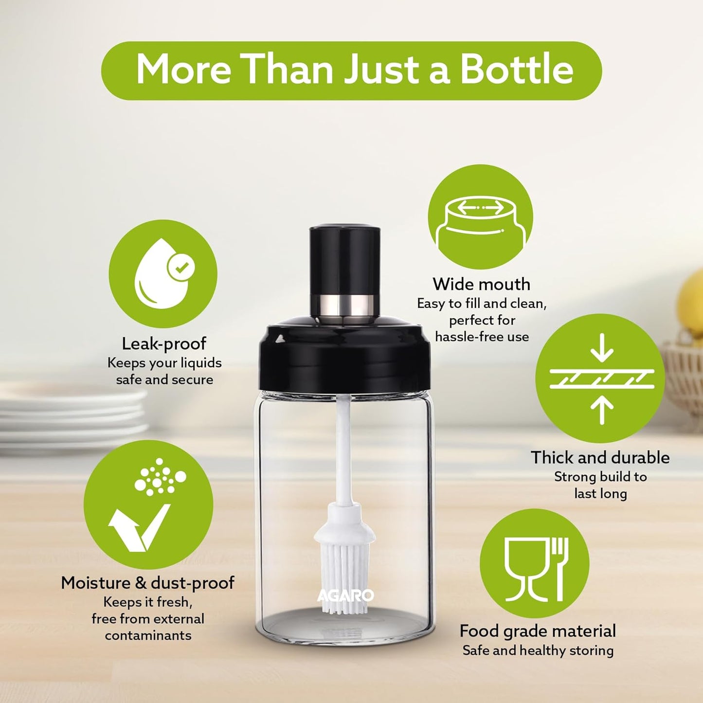 Buy 1 Get 1 FREE 🎁 | AGARO Elegant Glass Oil Bottle with Brush 250ml | Premium Leakproof Oil Dispenser for Cooking, Baking, BBQ & Marinating