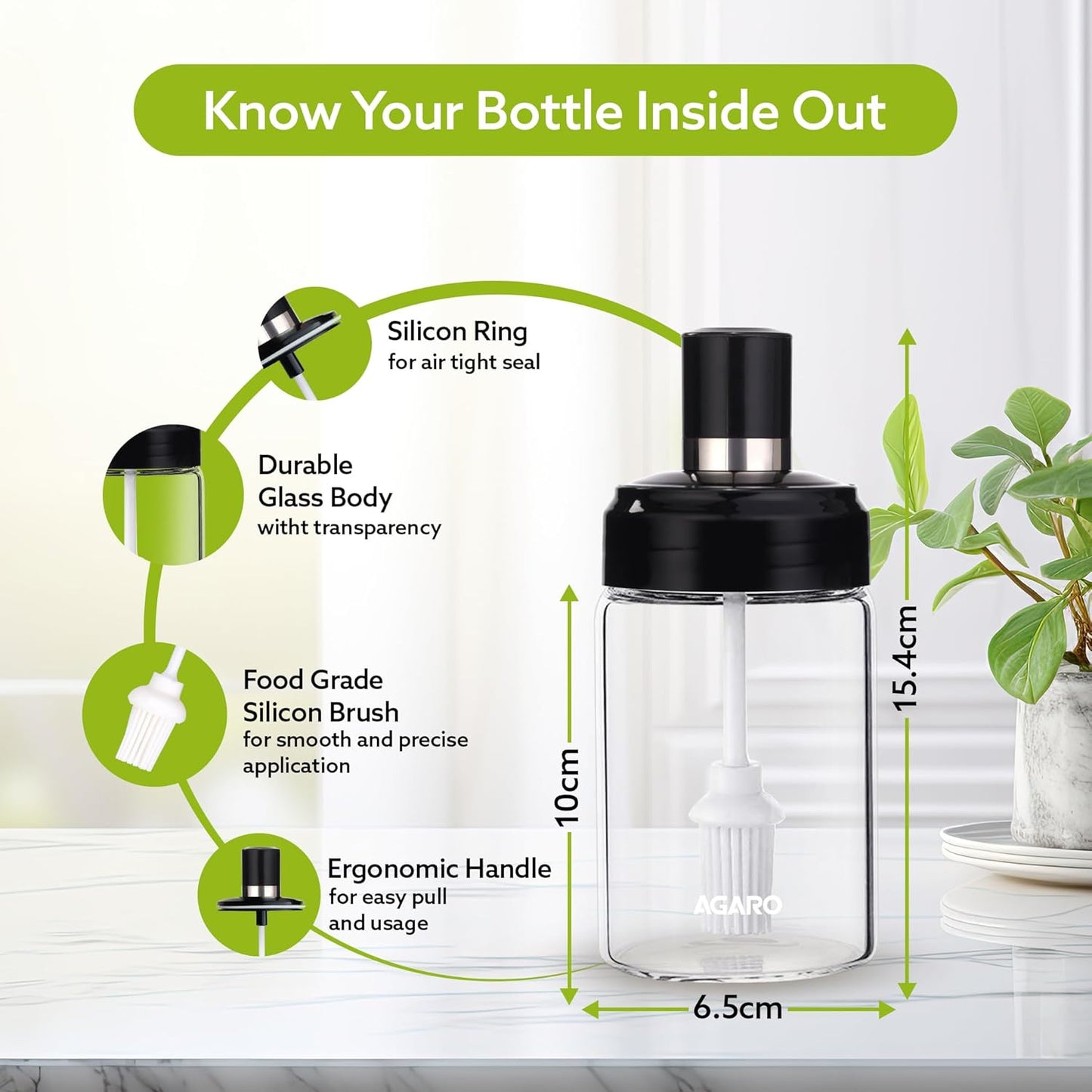 Buy 1 Get 1 FREE 🎁 | AGARO Elegant Glass Oil Bottle with Brush 250ml | Premium Leakproof Oil Dispenser for Cooking, Baking, BBQ & Marinating