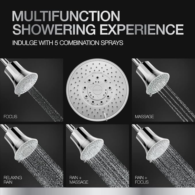 Kohler Rain Duet Filter Shower Head with Water Purifier Cartridge – 5 Spray Multifunction Overhead Shower for Hard Water | Chrome Finish