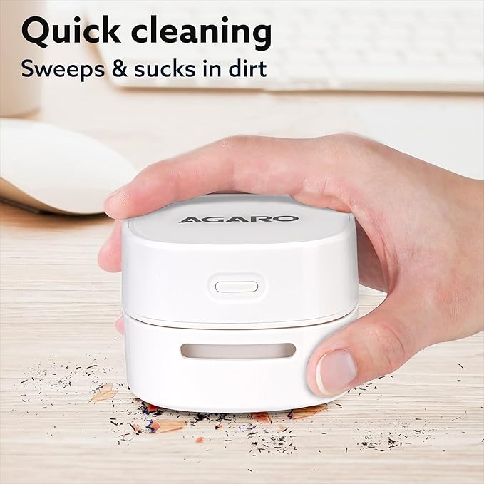 AGARO Crown Mini Desk Vacuum Cleaner | Cordless Battery Operated Desktop Cleaner | 2.5 Hours Runtime | Portable Sweeper for Keyboard, Crumbs, Paper Shavings, Pet Hair & Dust | White
