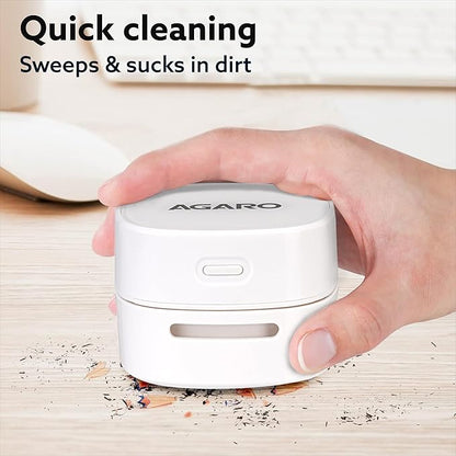AGARO Crown Mini Desk Vacuum Cleaner | Cordless Battery Operated Desktop Cleaner | 2.5 Hours Runtime | Portable Sweeper for Keyboard, Crumbs, Paper Shavings, Pet Hair & Dust | White