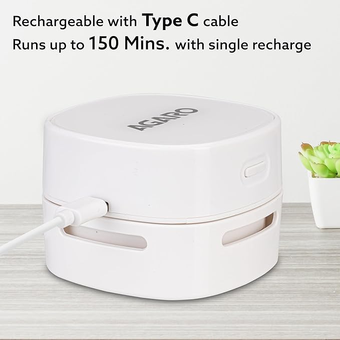 AGARO Crown Mini Desk Vacuum Cleaner | Cordless Battery Operated Desktop Cleaner | 2.5 Hours Runtime | Portable Sweeper for Keyboard, Crumbs, Paper Shavings, Pet Hair & Dust | White