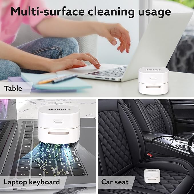 AGARO Crown Mini Desk Vacuum Cleaner | Cordless Battery Operated Desktop Cleaner | 2.5 Hours Runtime | Portable Sweeper for Keyboard, Crumbs, Paper Shavings, Pet Hair & Dust | White