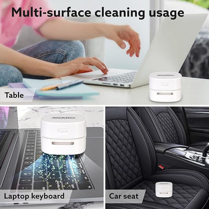 AGARO Crown Mini Desk Vacuum Cleaner | Cordless Battery Operated Desktop Cleaner | 2.5 Hours Runtime | Portable Sweeper for Keyboard, Crumbs, Paper Shavings, Pet Hair & Dust | White