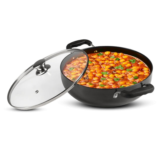 AGARO Elite Hard Anodised Kadhai 2.5L (24 cm) with Glass Lid | 3mm Thick | Gas Stove Compatible | Durable Riveted Handle | Ideal for Frying & Cooking