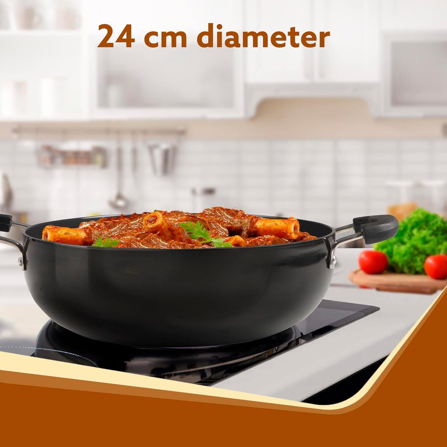 AGARO Elite Hard Anodised Kadhai 2.5L (24 cm) with Glass Lid | 3mm Thick | Gas Stove Compatible | Durable Riveted Handle | Ideal for Frying & Cooking