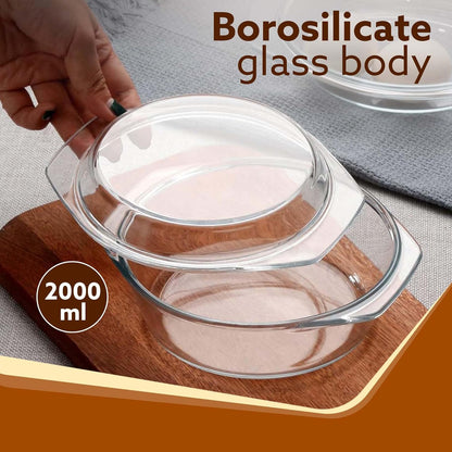 AGARO Elite Borosilicate Glass Casserole with Lid 2000ml | Oven, Microwave & Freezer Safe | Scratch Resistant Serving Bowl
