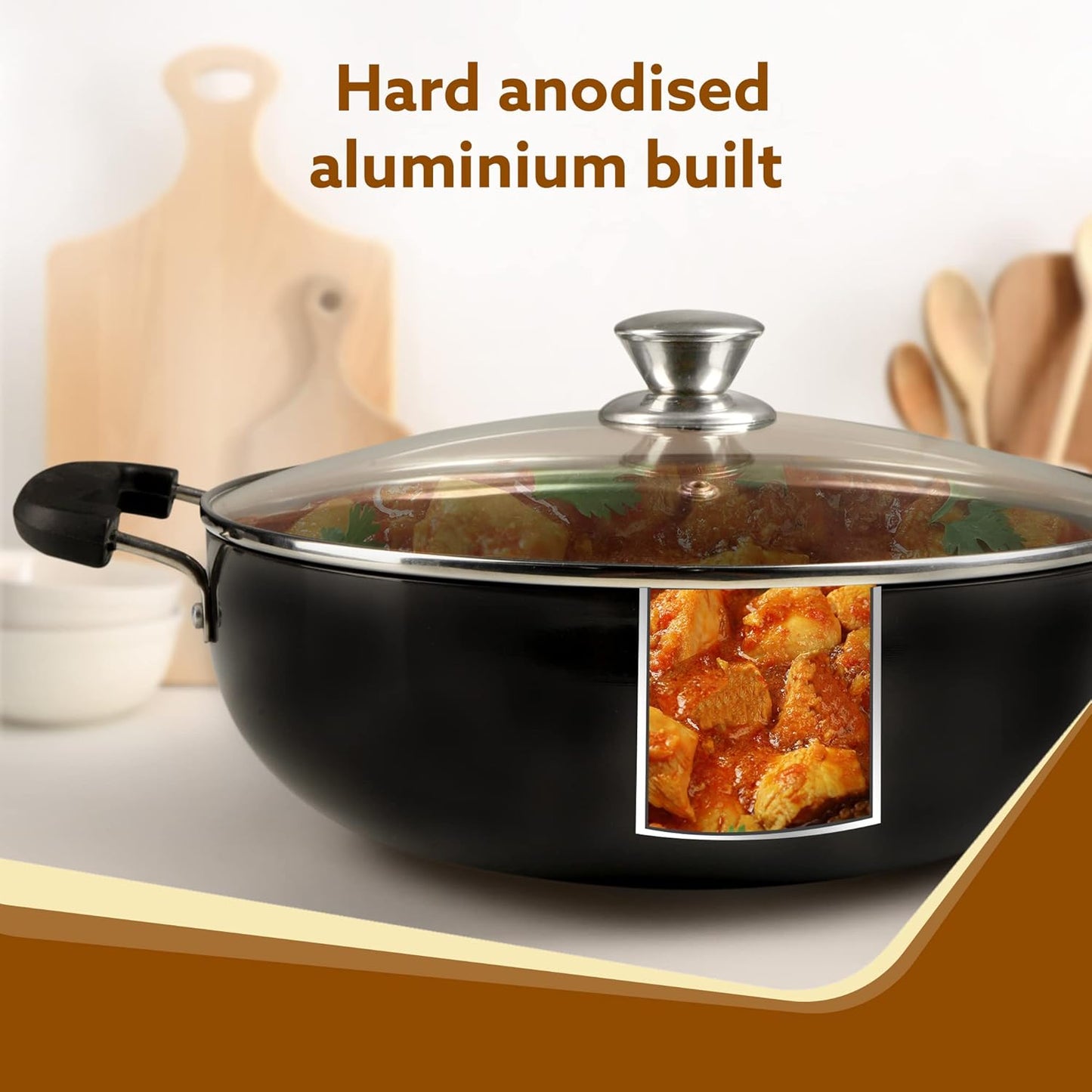 AGARO Elite Hard Anodised Kadhai 2.5L (24 cm) with Glass Lid | 3mm Thick | Gas Stove Compatible | Durable Riveted Handle | Ideal for Frying & Cooking