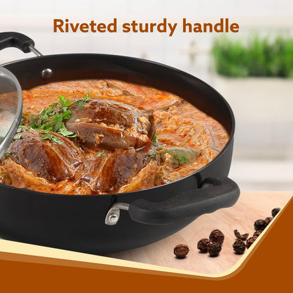 AGARO Elite Hard Anodised Kadhai 2.5L (24 cm) with Glass Lid | 3mm Thick | Gas Stove Compatible | Durable Riveted Handle | Ideal for Frying & Cooking