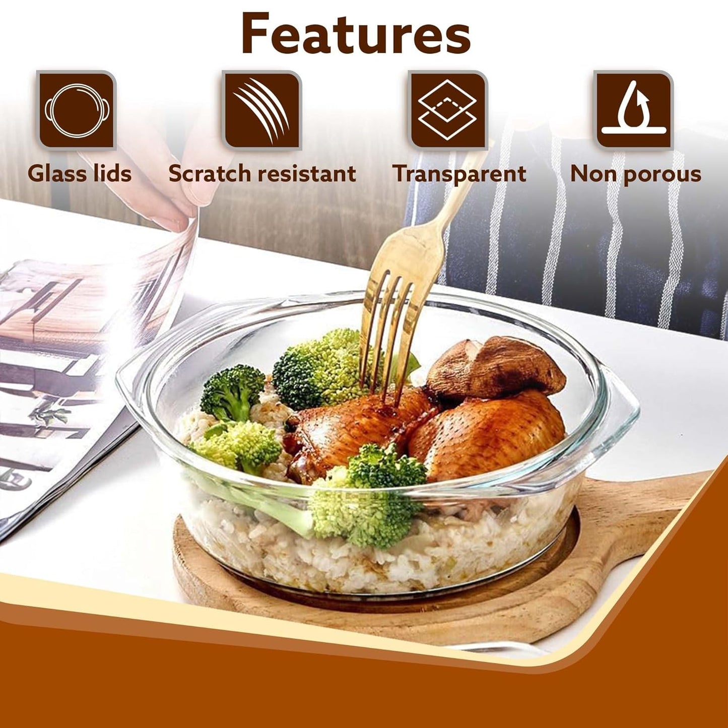 AGARO Elite Borosilicate Glass Casserole with Lid 2000ml | Oven, Microwave & Freezer Safe | Scratch Resistant Serving Bowl