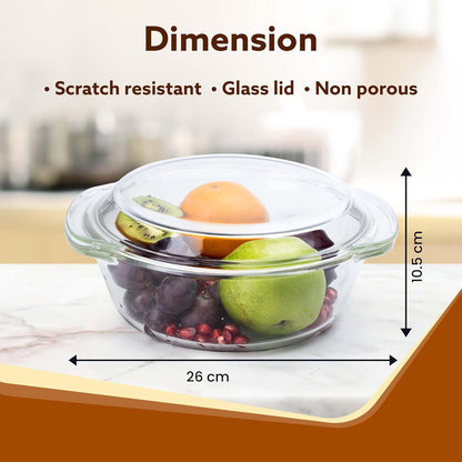 AGARO Elite Borosilicate Glass Casserole with Lid 2000ml | Oven, Microwave & Freezer Safe | Scratch Resistant Serving Bowl