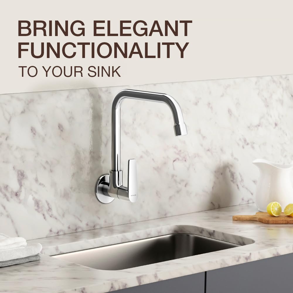 Kohler Fore Arc Kitchen Faucet | Wall Mounted Kitchen Sink Tap | Cold-Only Single Lever Faucet with 360° Swivel Spout | Water Saving Aerated Flow | Polished Chrome Finish
