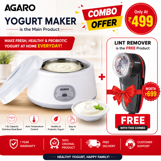 A AGARO Classic Electric Dahi Maker 1.2L – Automatic Yogurt Maker with 304 SS Container & Auto Temperature Control | Thick Creamy Homemade Curd + FREE Agaro Lint Remover