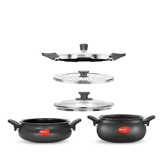Pigeon All in One Value Pack Hard Anodized Super Cooker with Induction Base Outer Lid, 5 Litre and 3 Litre, 3 Lids (Pressure Lid, Strainer Lid and Serving Lid), Black