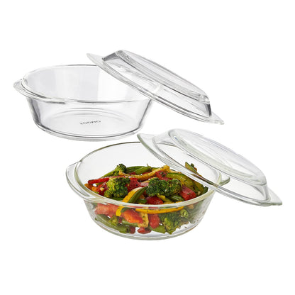 AGARO Elite Glass Casserole Set with Lid (700ml & 1500ml) | Heat Resistant Borosilicate Glass | Microwave Safe Serving Bowls