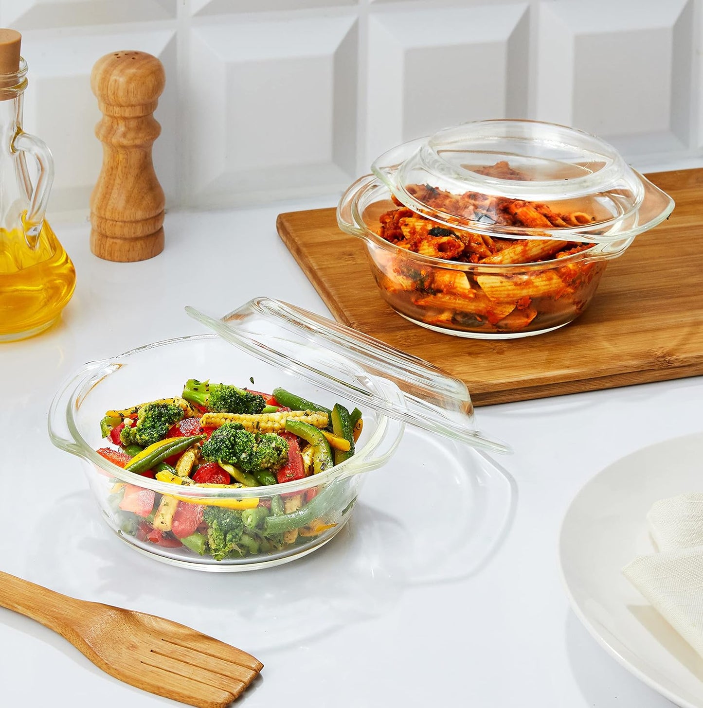 AGARO Elite Glass Casserole Set with Lid (700ml & 1500ml) | Heat Resistant Borosilicate Glass | Microwave Safe Serving Bowls