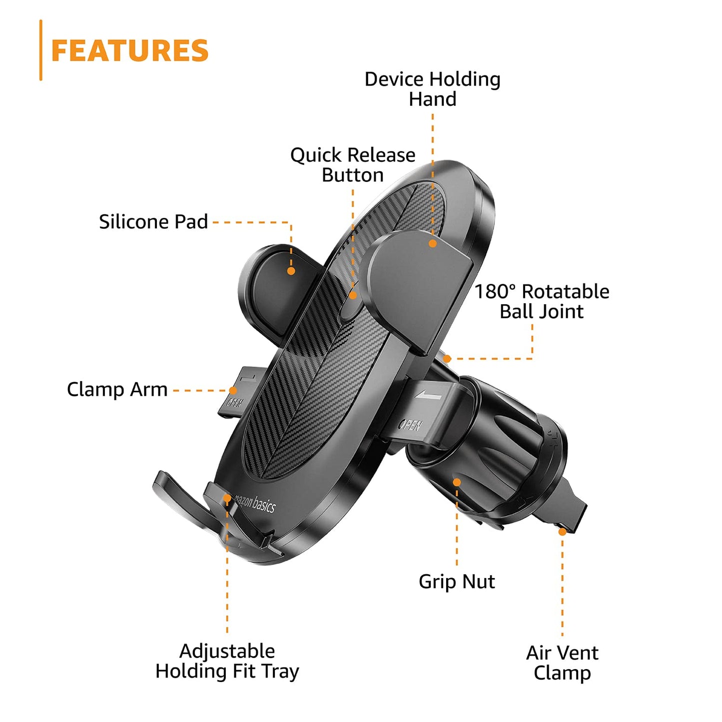 Amazon Basics Universal Car Mobile Holder with One-Touch Lock | Expandable, Rotatable Dashboard Mount | Double Locking System (Black)