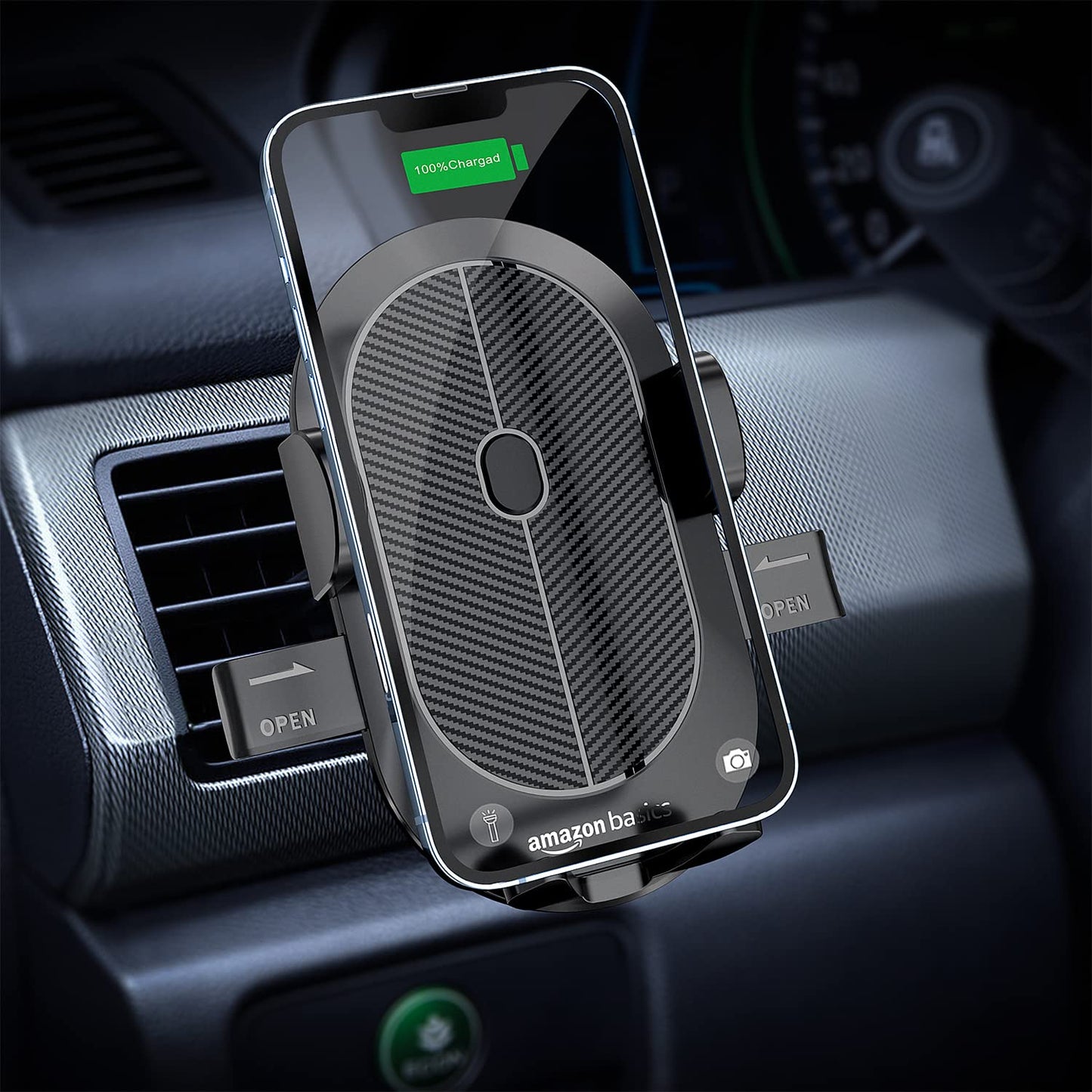 Amazon Basics Universal Car Mobile Holder with One-Touch Lock | Expandable, Rotatable Dashboard Mount | Double Locking System (Black)