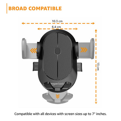 Amazon Basics Universal Car Mobile Holder with One-Touch Lock | Expandable, Rotatable Dashboard Mount | Double Locking System (Black)