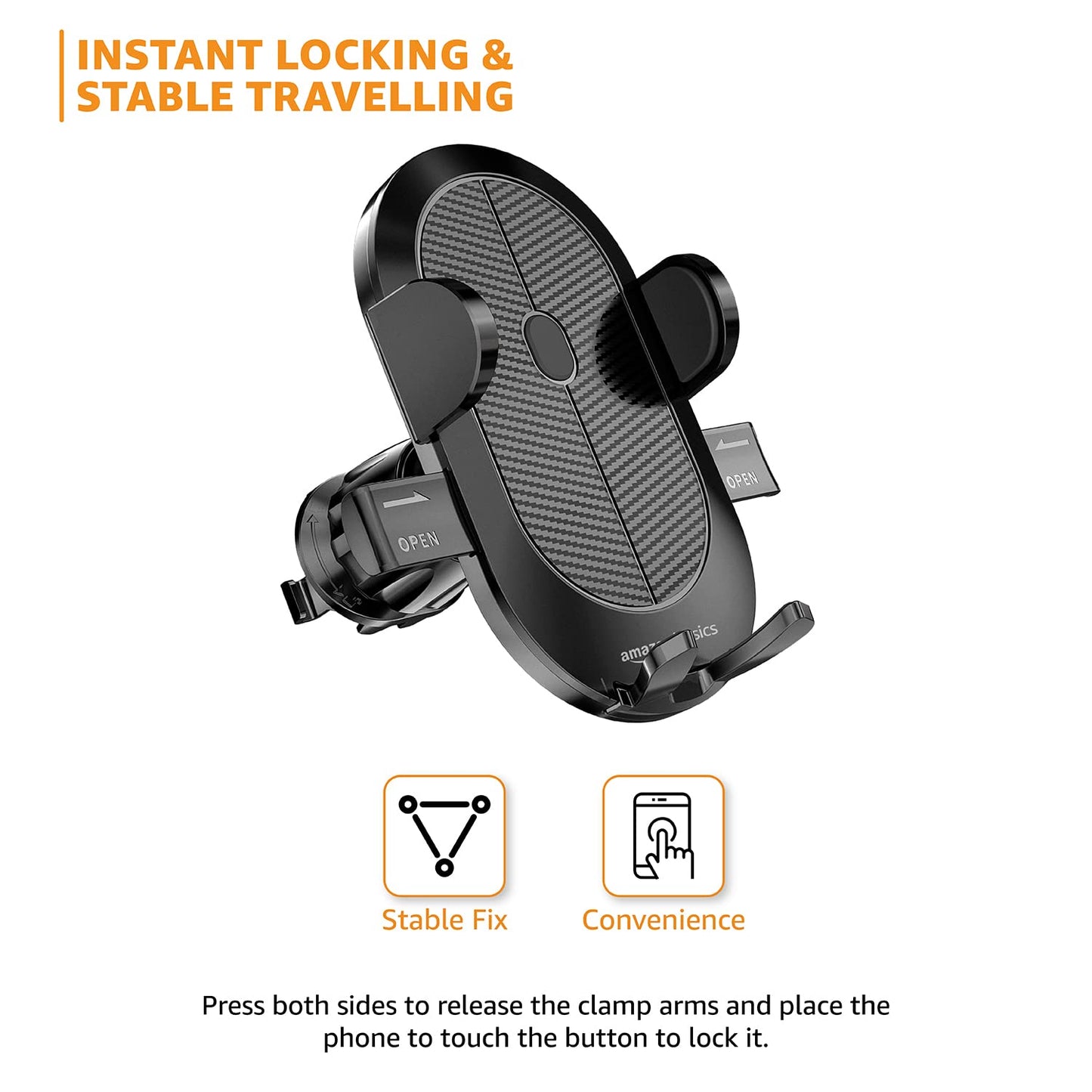 Amazon Basics Universal Car Mobile Holder with One-Touch Lock | Expandable, Rotatable Dashboard Mount | Double Locking System (Black)
