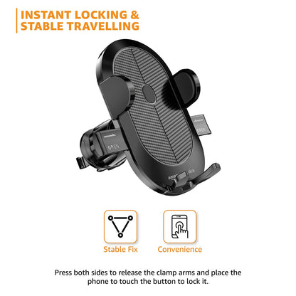 Amazon Basics Universal Car Mobile Holder with One-Touch Lock | Expandable, Rotatable Dashboard Mount | Double Locking System (Black)