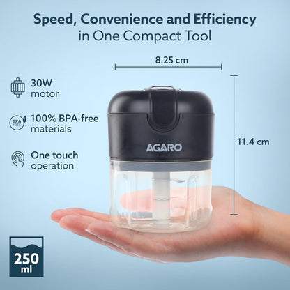 AGARO Elite Rechargeable Mini Electric Chopper, Food Grade Bowl, Stainless Steel Blades, Rechargeable, One Touch Operation, for Chopping Garlic, Ginger, Onion, Vegetable, Nuts, 250 Ml, Black