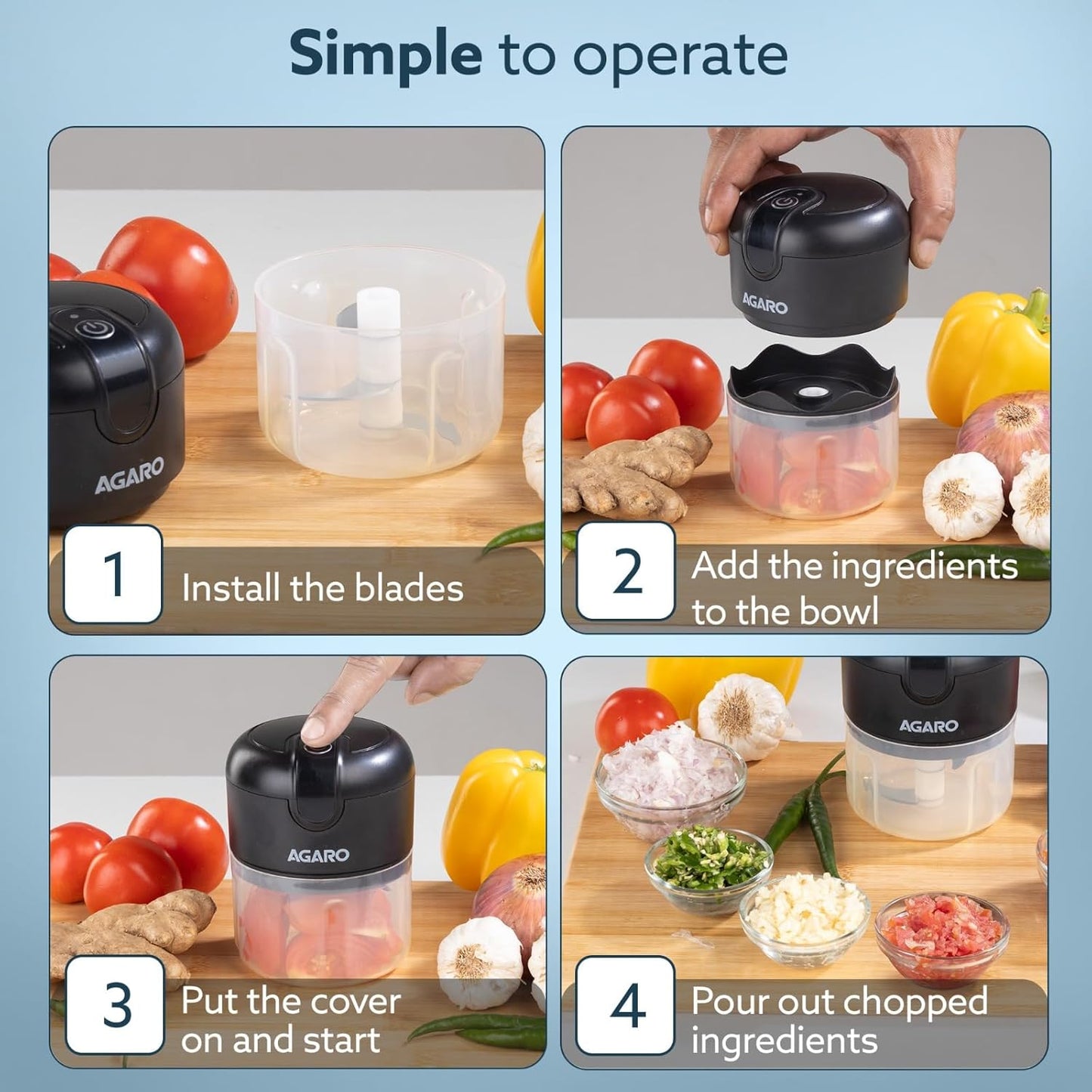 AGARO Elite Rechargeable Mini Electric Chopper, Food Grade Bowl, Stainless Steel Blades, Rechargeable, One Touch Operation, for Chopping Garlic, Ginger, Onion, Vegetable, Nuts, 250 Ml, Black