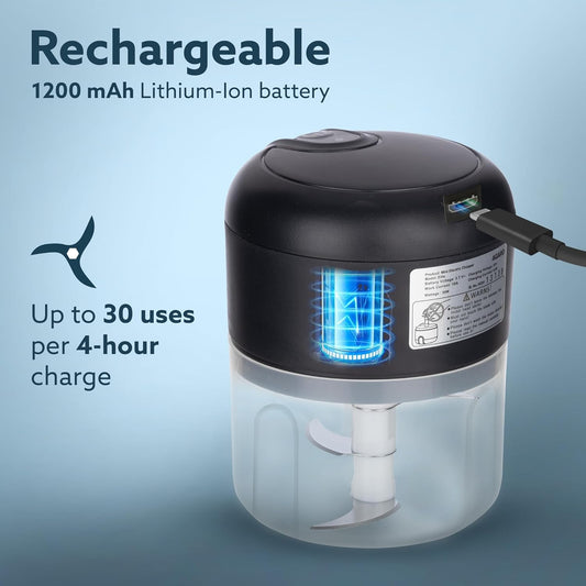 AGARO Elite Rechargeable Mini Electric Chopper, Food Grade Bowl, Stainless Steel Blades, Rechargeable, One Touch Operation, for Chopping Garlic, Ginger, Onion, Vegetable, Nuts, 250 Ml, Black