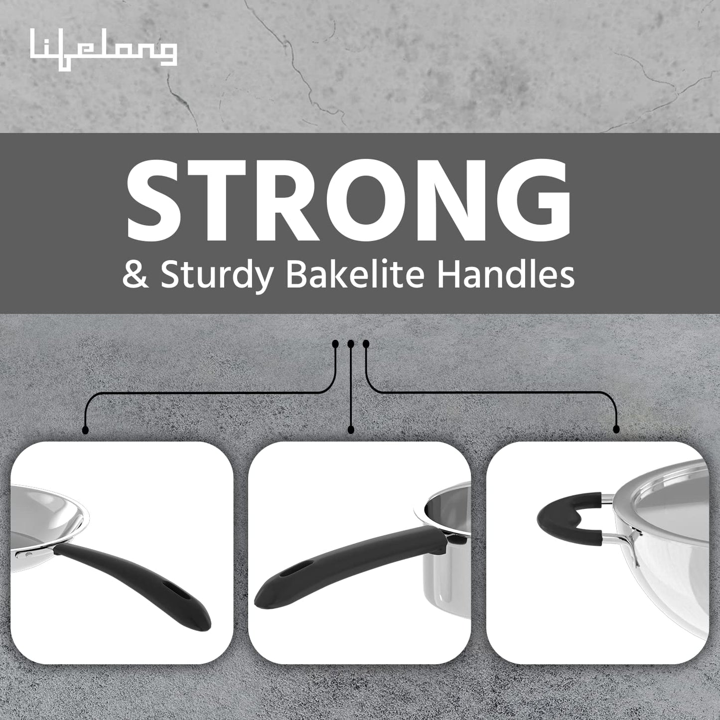 Lifelong 3-Piece Stainless Steel Cookware Set | 2L Kadhai with SS Lid, 1.2L Sauce Pan & Fry Pan | Bakelite Handles | Induction & Gas Compatible (LLSSCK01)