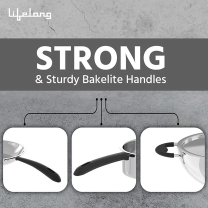 Lifelong 3-Piece Stainless Steel Cookware Set | 2L Kadhai with SS Lid, 1.2L Sauce Pan & Fry Pan | Bakelite Handles | Induction & Gas Compatible (LLSSCK01)