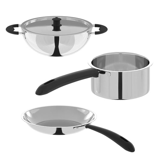 Lifelong 3-Piece Stainless Steel Cookware Set | 2L Kadhai with SS Lid, 1.2L Sauce Pan & Fry Pan | Bakelite Handles | Induction & Gas Compatible (LLSSCK01)