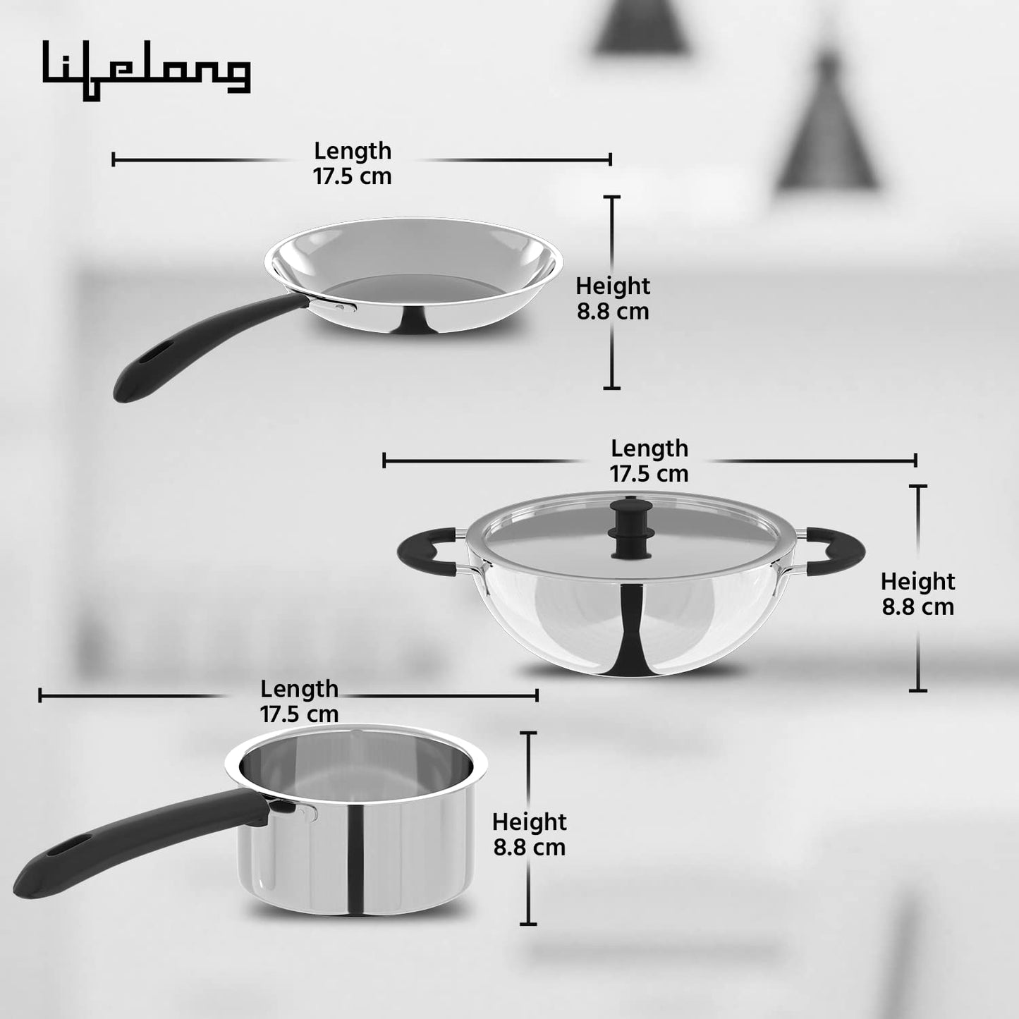 Lifelong 3-Piece Stainless Steel Cookware Set | 2L Kadhai with SS Lid, 1.2L Sauce Pan & Fry Pan | Bakelite Handles | Induction & Gas Compatible (LLSSCK01)