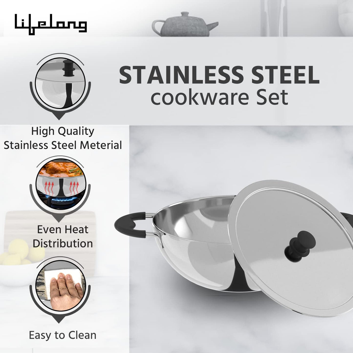 Lifelong 3-Piece Stainless Steel Cookware Set | 2L Kadhai with SS Lid, 1.2L Sauce Pan & Fry Pan | Bakelite Handles | Induction & Gas Compatible (LLSSCK01)