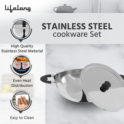 Lifelong 3-Piece Stainless Steel Cookware Set | 2L Kadhai with SS Lid, 1.2L Sauce Pan & Fry Pan | Bakelite Handles | Induction & Gas Compatible (LLSSCK01)