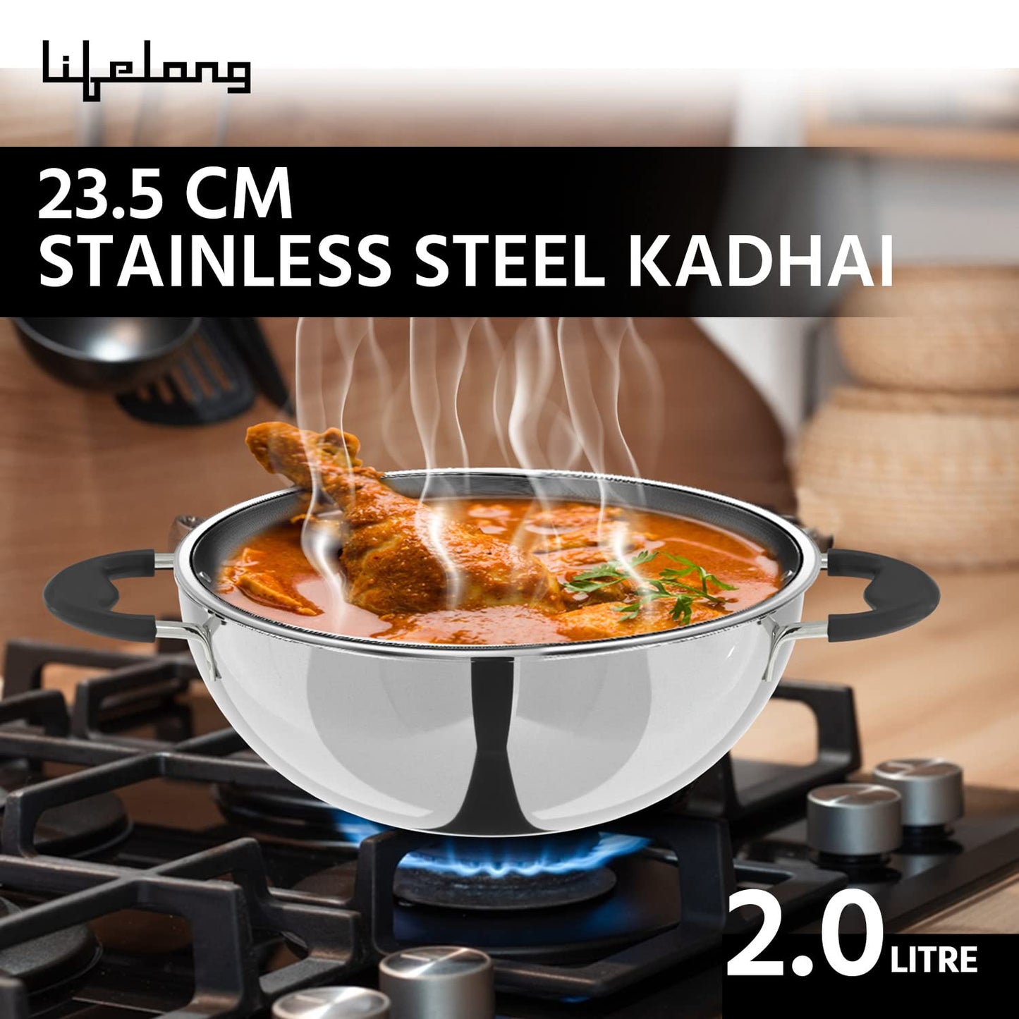 Lifelong 3-Piece Stainless Steel Cookware Set | 2L Kadhai with SS Lid, 1.2L Sauce Pan & Fry Pan | Bakelite Handles | Induction & Gas Compatible (LLSSCK01)
